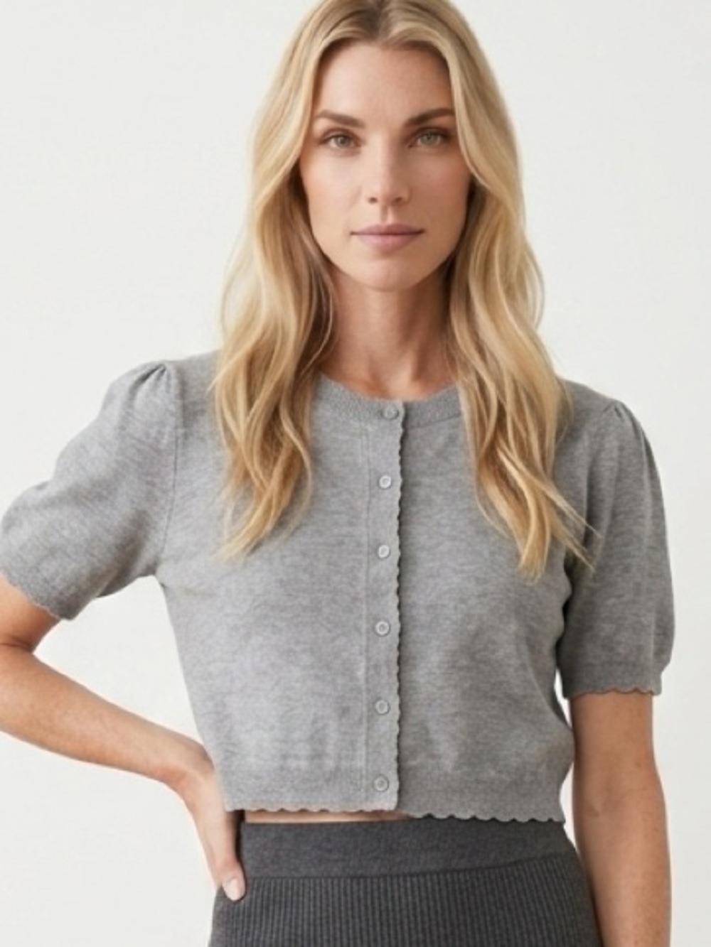moon & madison Gray Short-Sleeve Cropped Cardigan Sweater